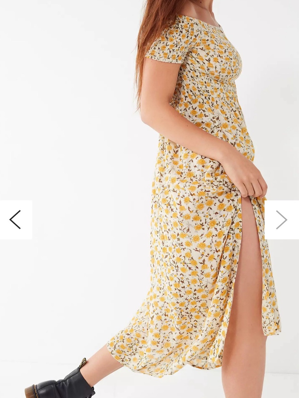 Urban Outfitters Yellow Floral Midi Dress with Smocked Bodice